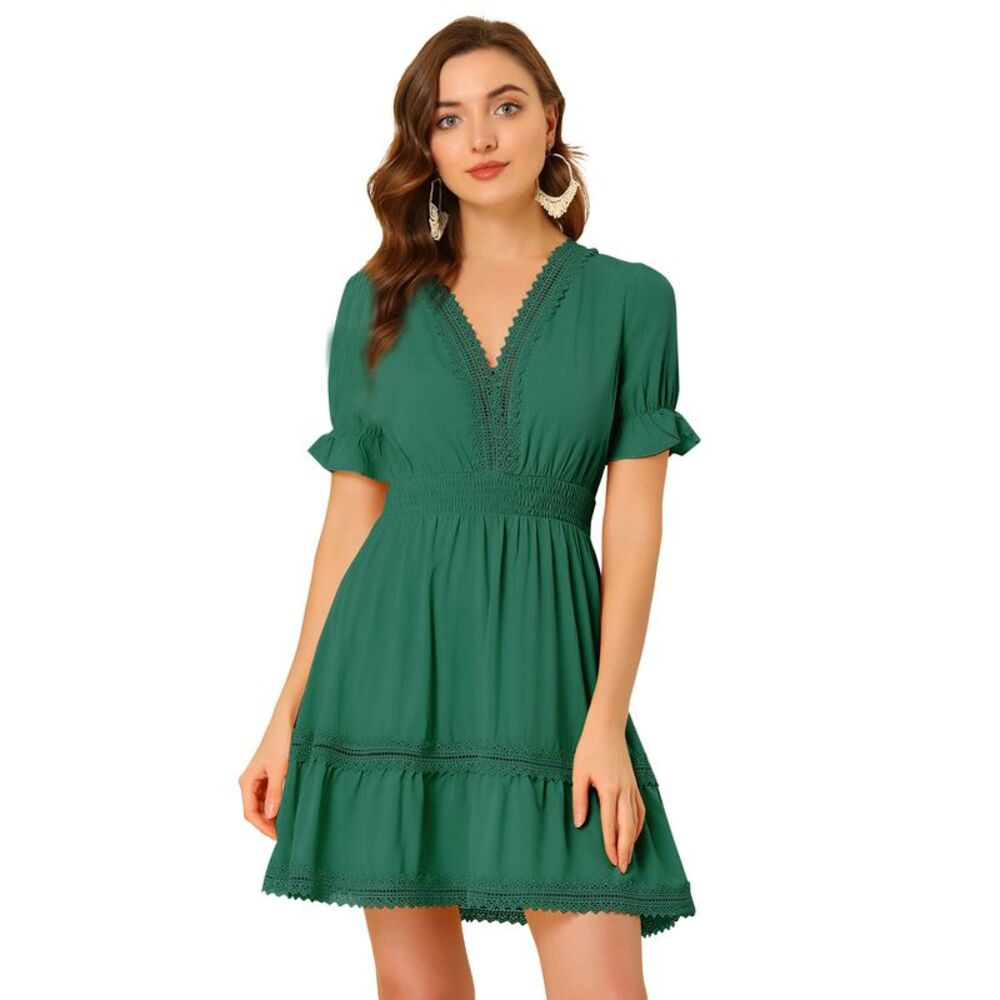 Boho Crochet Trim Puff Sleeve V Neck Smock Waist Ruffle Tier Dress Lake Green
